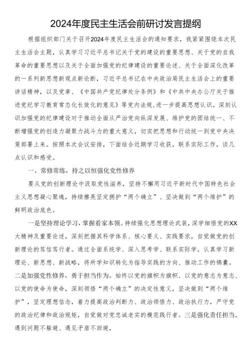 2024年度民主生活会前研讨发言提纲.docx