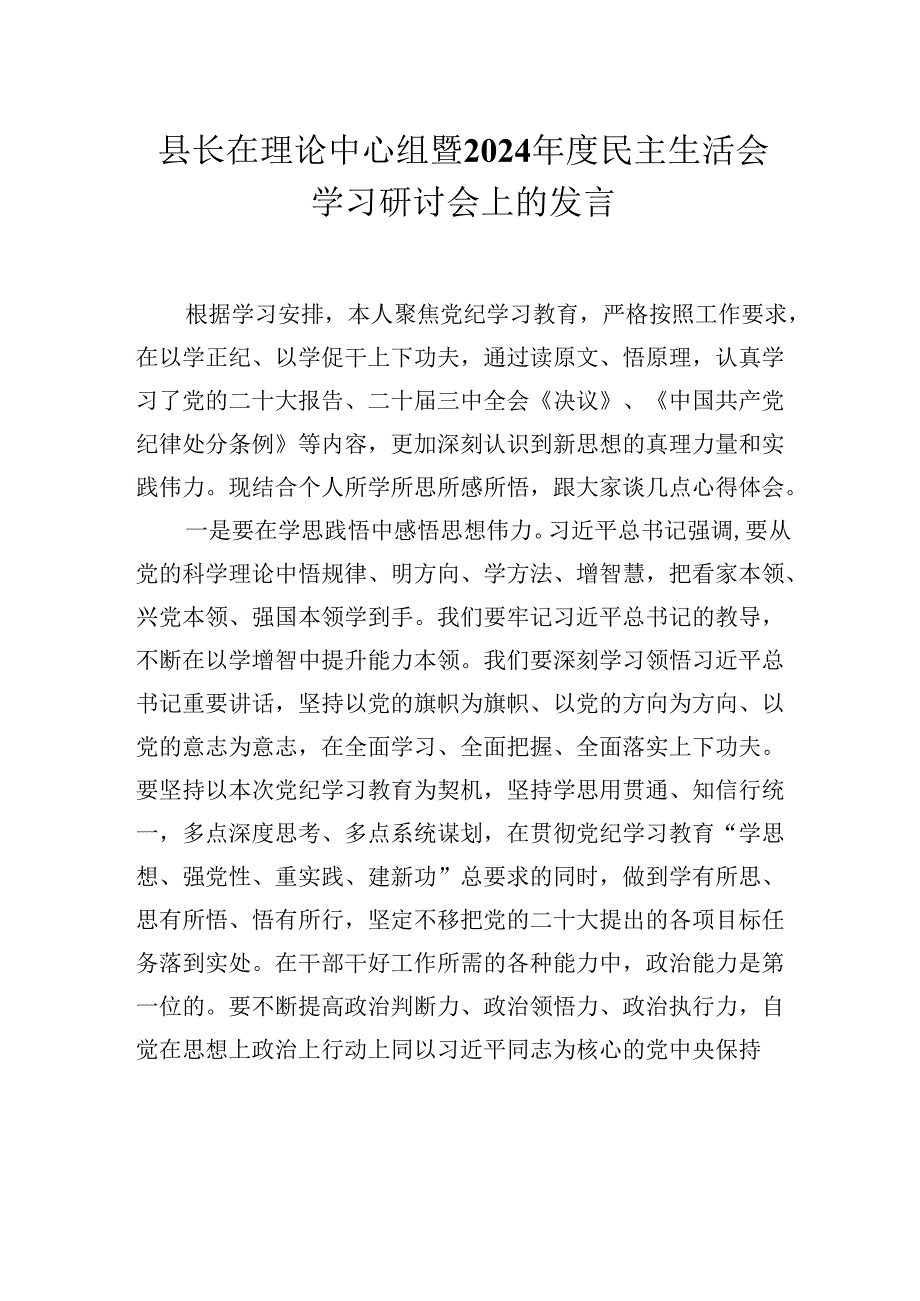 县长在理论中心组暨2024年度民主生活会学习研讨会上的发言材料.docx_第1页