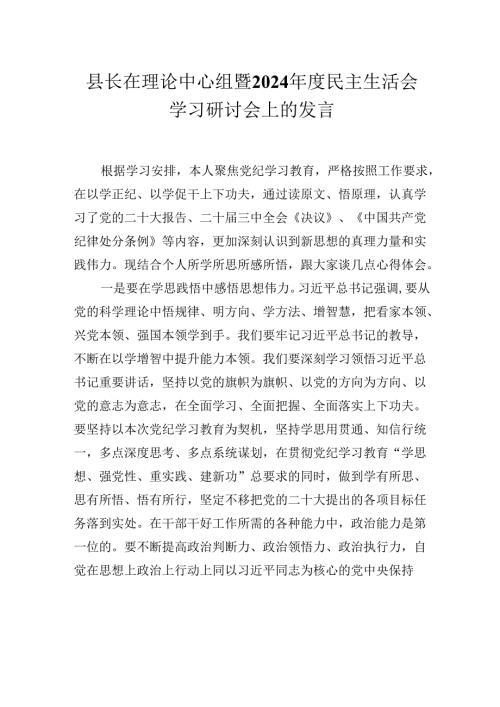 县长在理论中心组暨2024年度民主生活会学习研讨会上的发言材料.docx
