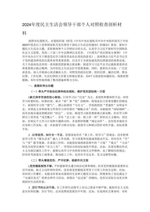 2024年度民主生活会领导干部个人对照检查剖析材料.docx