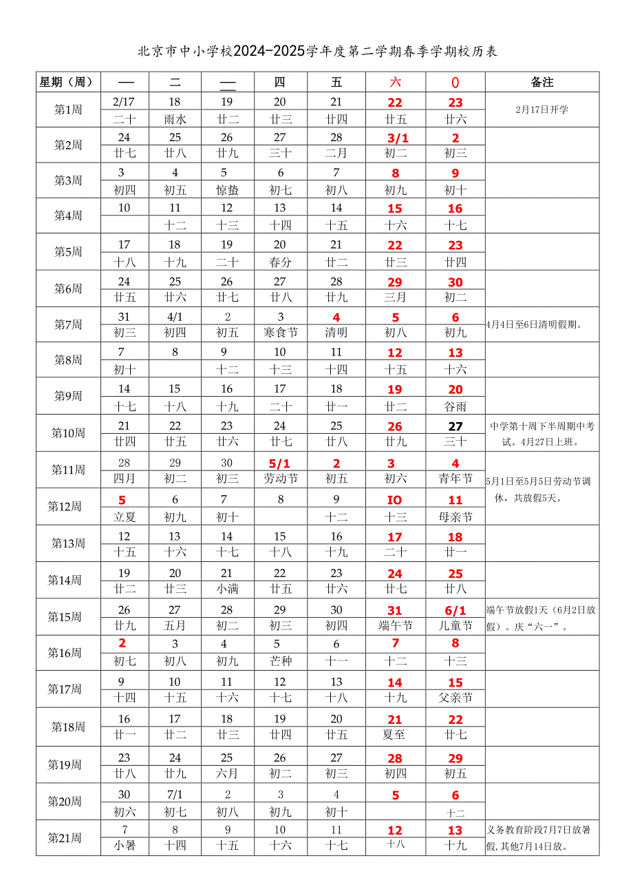 北京市中小学校2024-2025学年度第二学期春季学期校历表word可编辑模板.docx_第1页