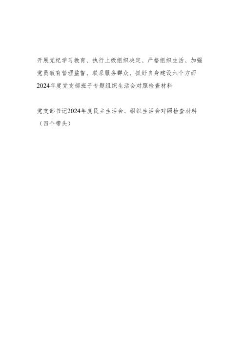 开展党纪学习教育、执行上级组织决定、严格组织生活、加强党员教育管理监督、联系服务群众、抓好自身建设六个方面2024年度党支部班子专题.docx