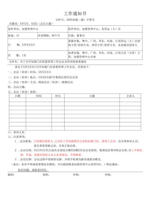 关于召开月度加盟门店质量管理工作会议及培训的重要通知.docx