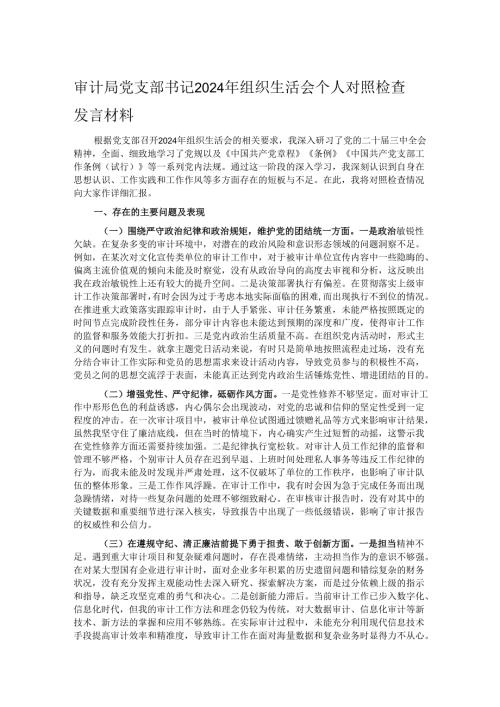 审计局党支部书记2024年组织生活会个人对照检查发言材料.docx