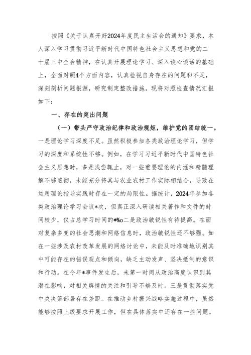 最新副镇长2024年度民主生活个人四个带头检查材料查摆剖析材料Word文档.docx