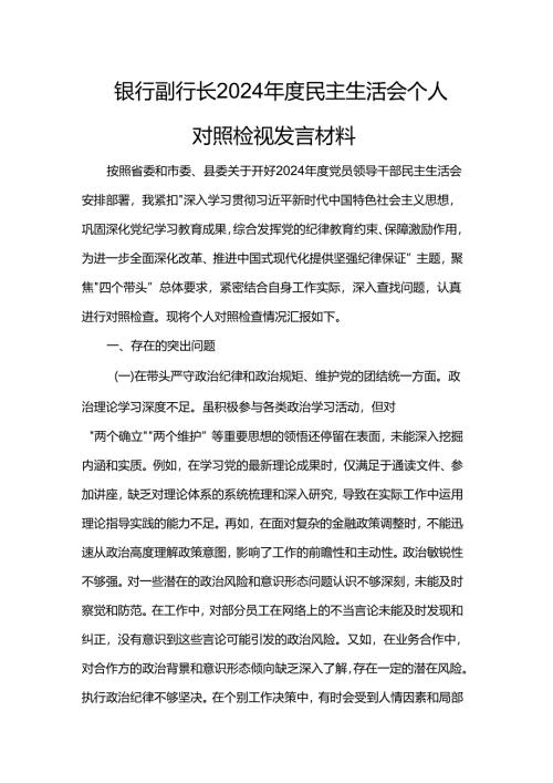 银行副行长2024年度民主生活会个人对照检视发言材料.docx