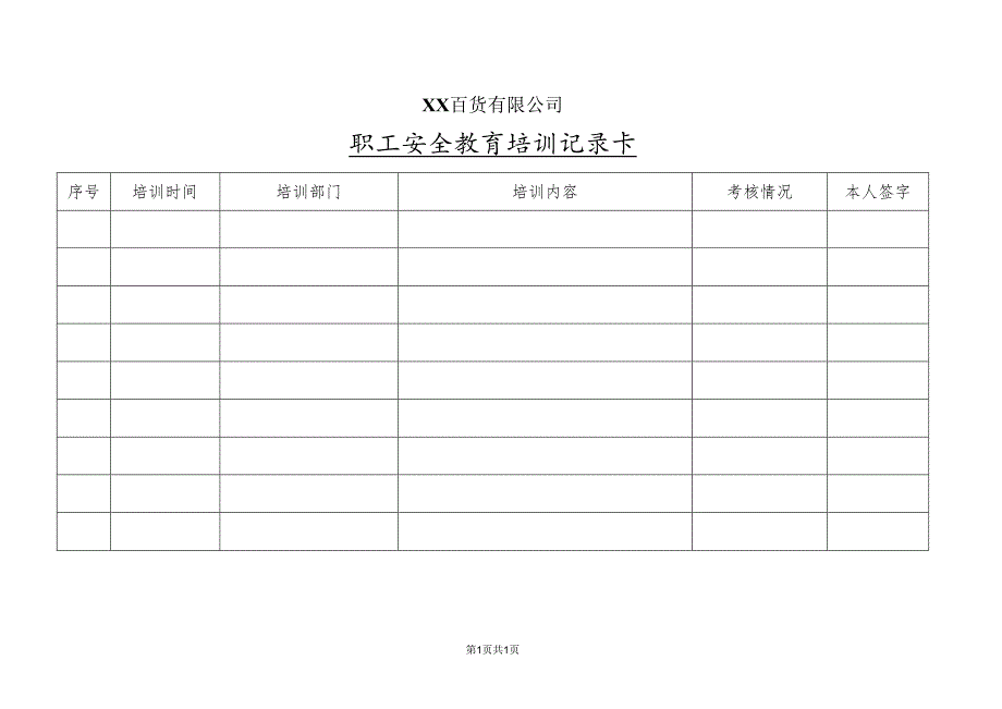XX百货有限公司职工安全教育培训记录卡（2024年）.docx_第1页