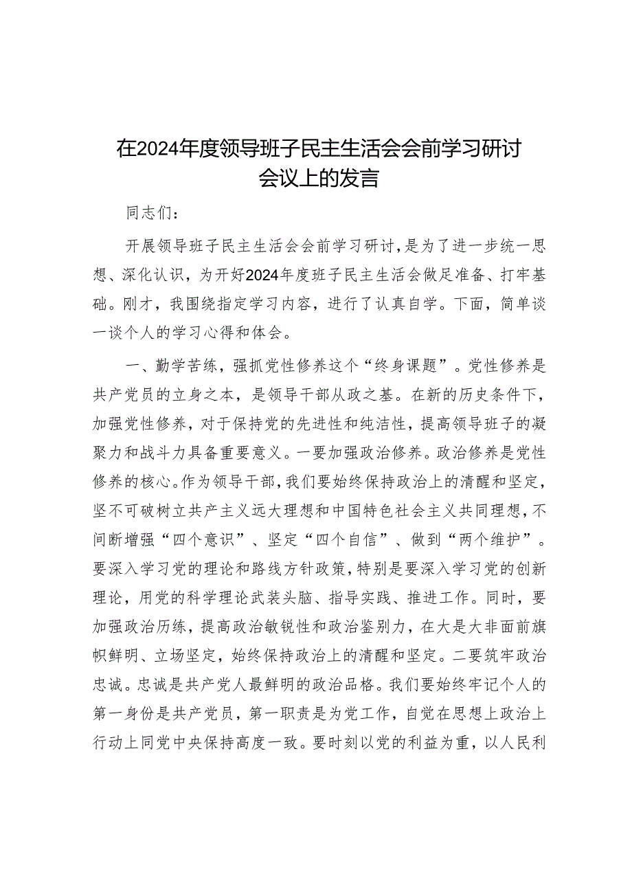 在2024年度领导班子民主生活会会前学习研讨会议上的发言.docx_第1页