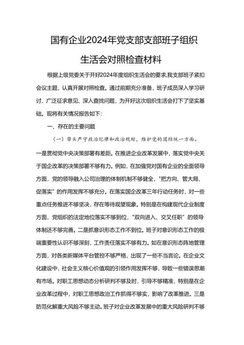 国有企业2024年党支部支部班子组织生活会对照检查材料.docx