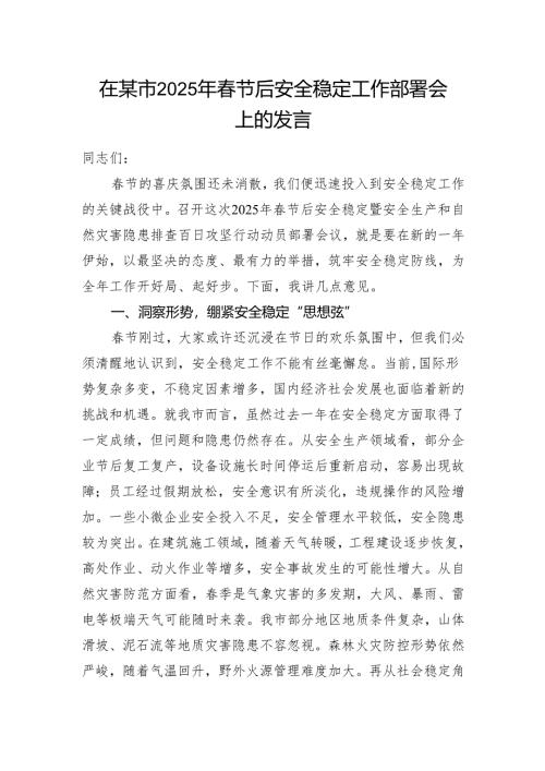 在某市2025年春节后安全稳定工作部署会上的发言.docx