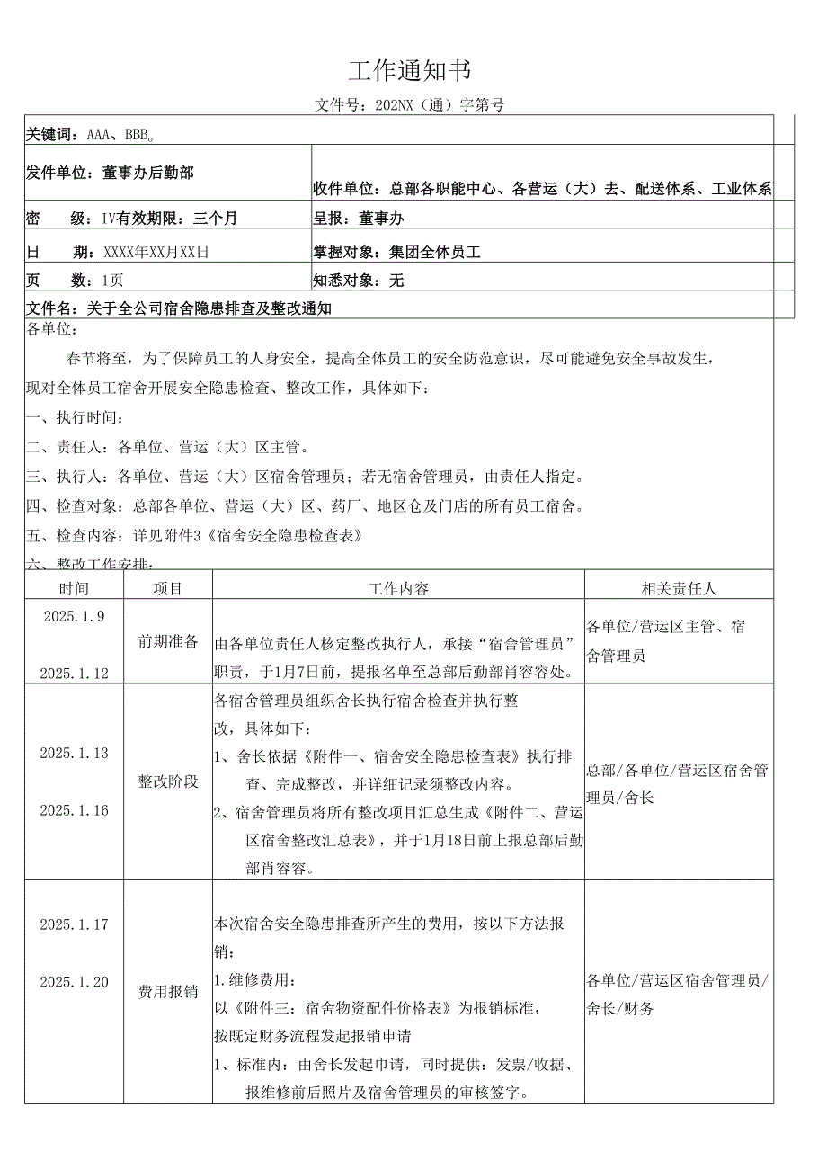 关于全公司宿舍安全隐患排查及整改通知.docx_第1页