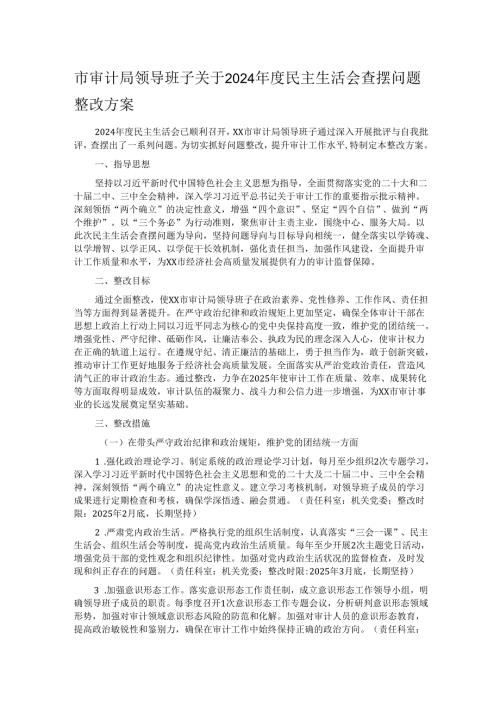 市审计局领导班子关于2024年度民主生活会查摆问题整改方案.docx