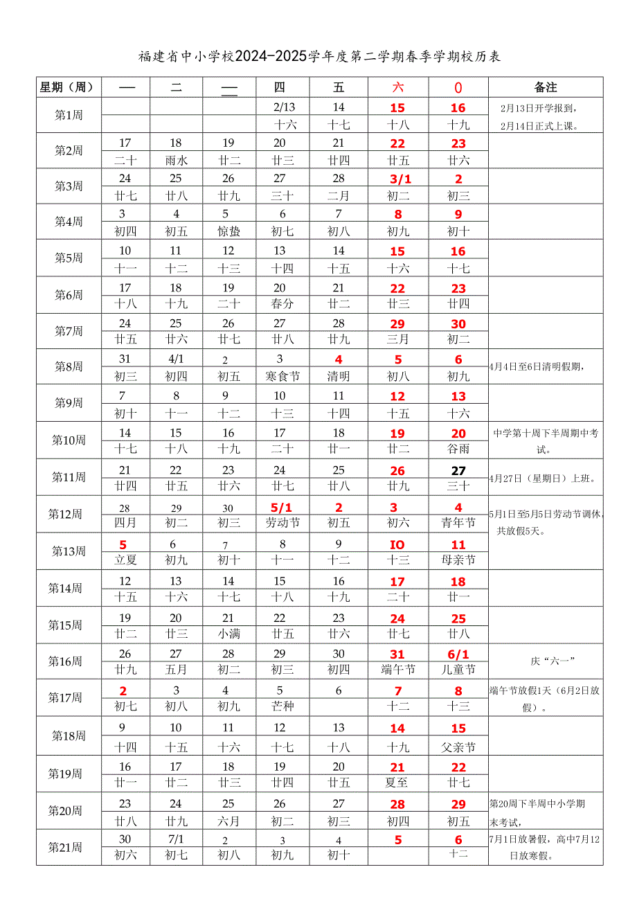 福建省福州厦门莆田三明泉州漳州南平龙岩宁德市中小学校2024-2025学年度第二学期春季学期校历表教学日历教师家长学生行事历计划安排时间.docx_第1页