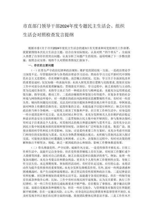 市直部门领导干部2024年度专题民主生活会、组织生活会对照检查发言提纲.docx