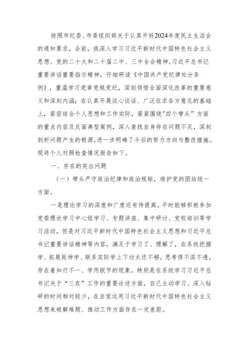 最新2024年度民主班子成员生活个人检查材料（“四个带头”）Word文档.docx