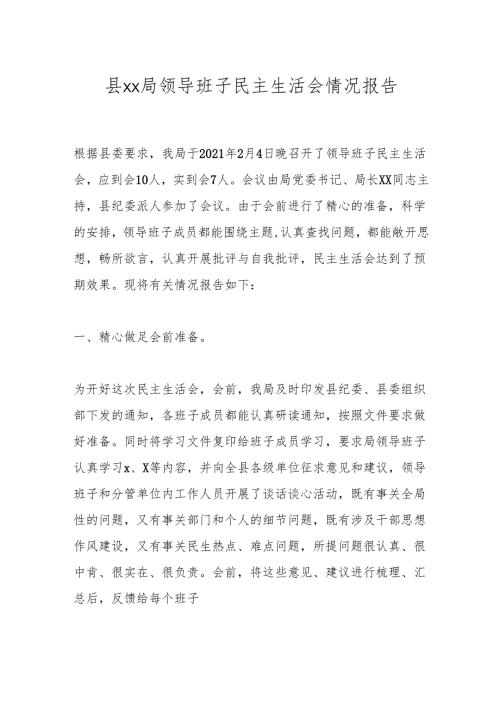 县xx局领导班子民主生活会情况报告.docx