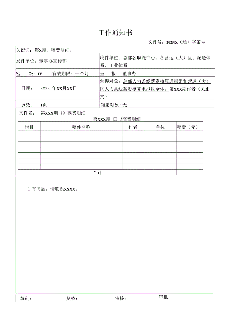 关于员工稿费明细的工作通知.docx_第1页