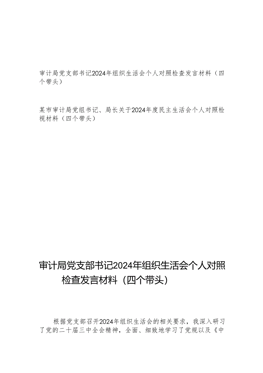 审计局党支部书记党组书记局长2024年度组织生活会个人对照检查发言材料2篇（四个带头）.docx_第1页