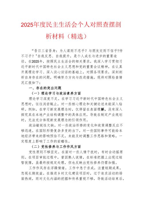 2025 年度民主生活会个人对照查摆剖析材料（精选）.docx