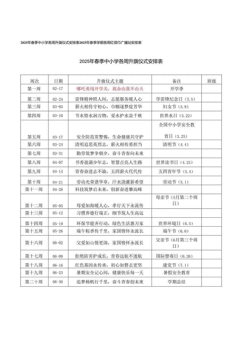 2025年春季中小学各周升旗仪式安排表+2025年春季学期各周红领巾广播站安排表.docx_第1页