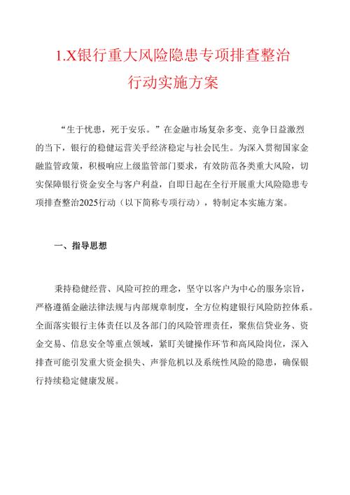 1.X银行重大风险隐患专项排查整治行动实施方案.docx