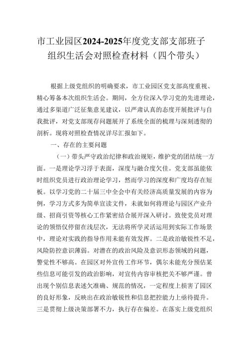 市工业园区2024-2025年度党支部支部班子组织生活会对照检查材料（四个带头）.docx