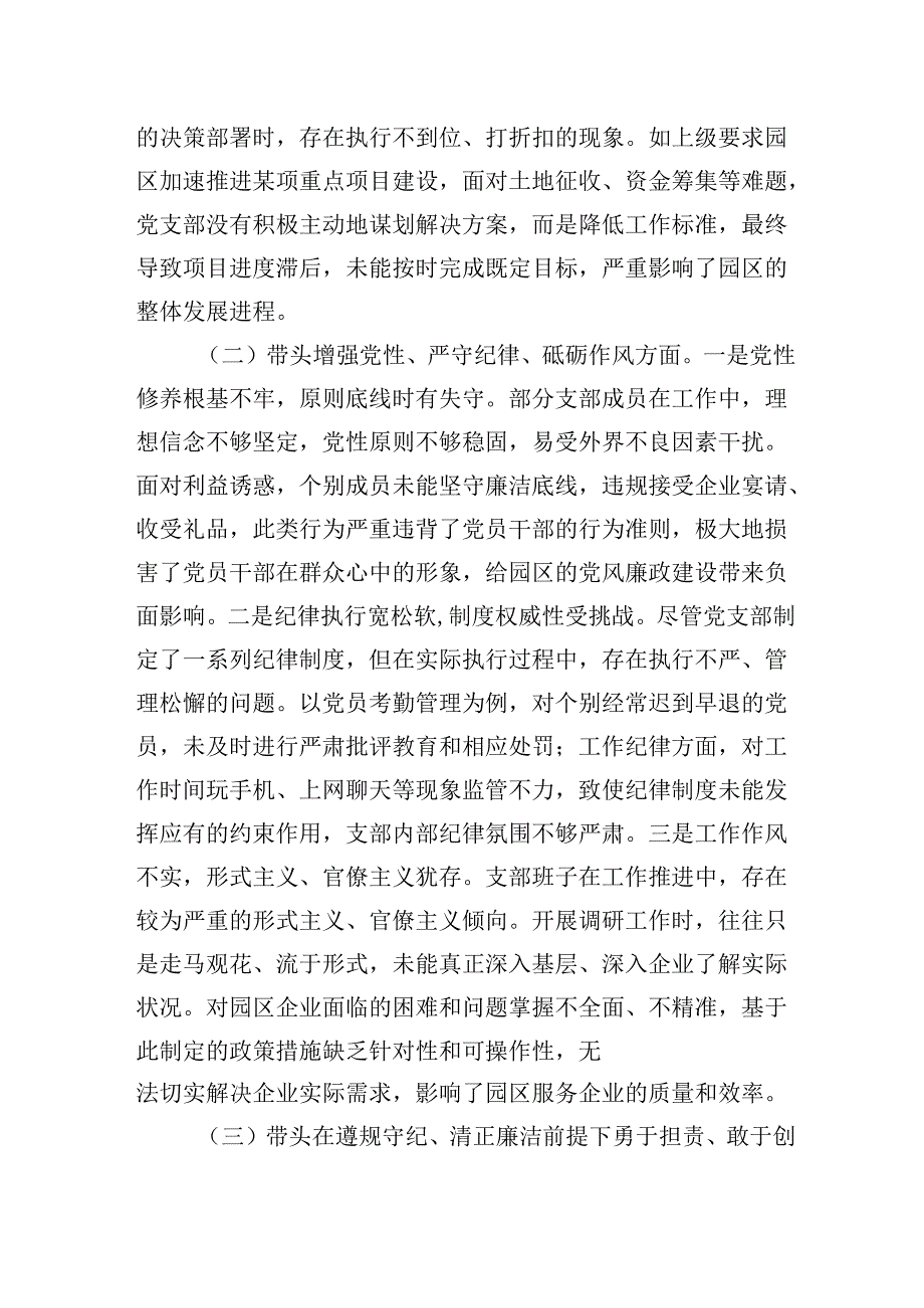 市工业园区2024-2025年度党支部支部班子组织生活会对照检查材料（四个带头）.docx_第2页