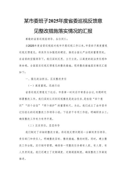 某市委班子2025年度省委巡视反馈意见整改措施落实情况的汇报.docx