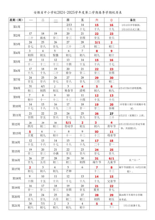 安徽省合肥芜湖蚌埠淮南马鞍山淮北铜陵安庆黄山滁州阜阳宿州六安亳州池州宣城市中小学校2024-2025学年度第二学期春季学期校历表教学日历.docx