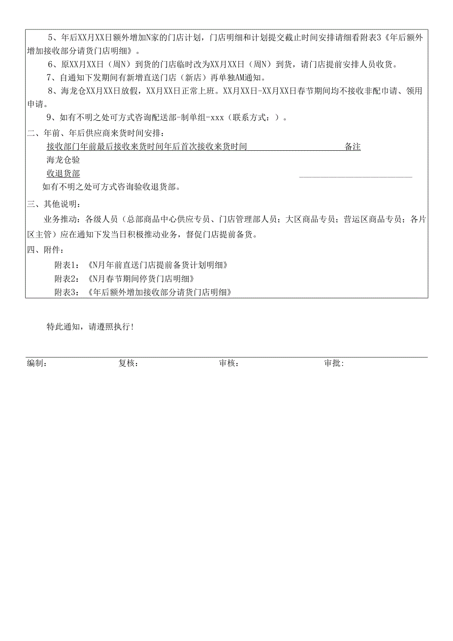 关于直送地区仓及门店年前备货和年后恢复接收计划、供应商来货接收时间安排的通知.docx_第2页