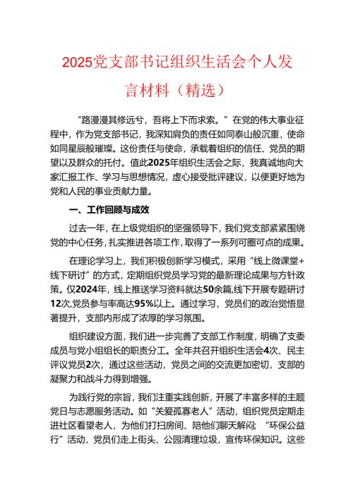 2025党支部书记组织生活会个人发言材料.docx