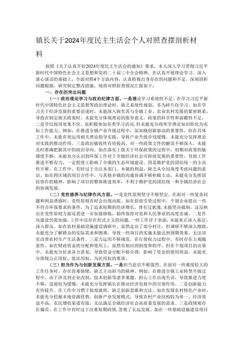 镇长关于2024年度民主生活会个人对照查摆剖析材料.docx