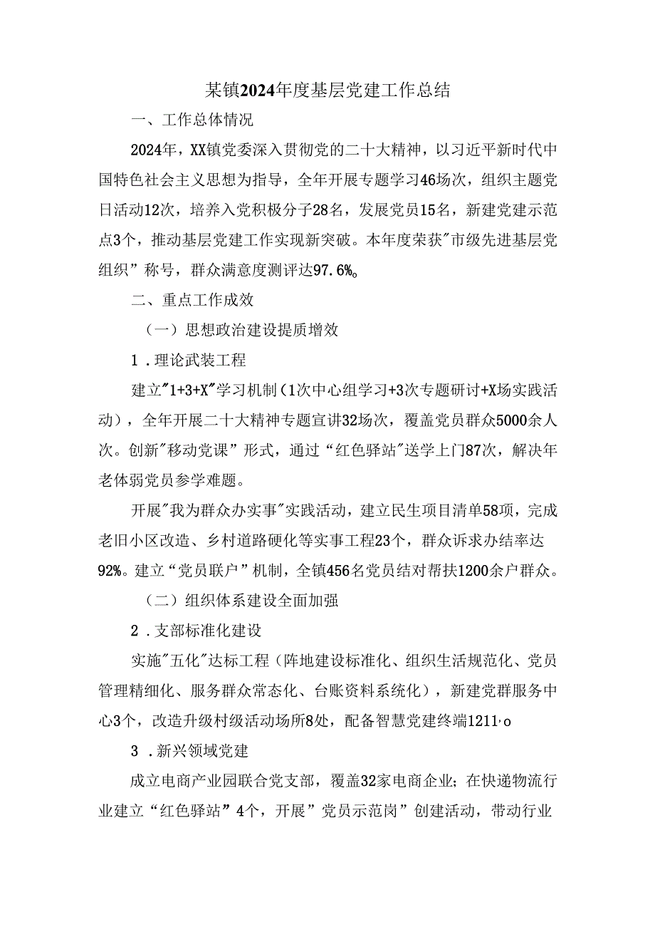 某镇2024年度基层党建工作总结.docx_第1页