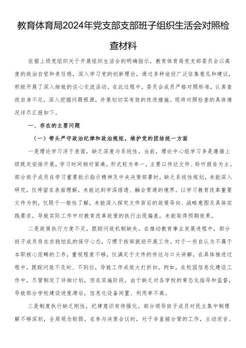 教育体育局2024年党支部支部班子组织生活会对照检查材料.docx