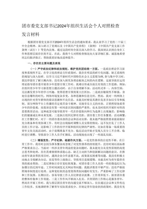 团市委党支部书记2024年组织生活会个人对照检查发言材料.docx
