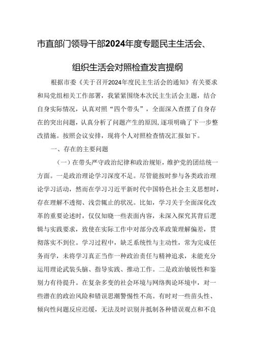 市直部门领导干部2024年度专题民主生活会、组织生活会对照检查发言提纲.docx