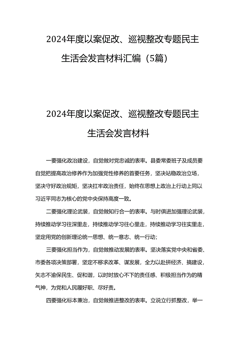2024年度以案促改、巡视整改专题民主生活会发言材料汇编（5篇）.docx_第1页