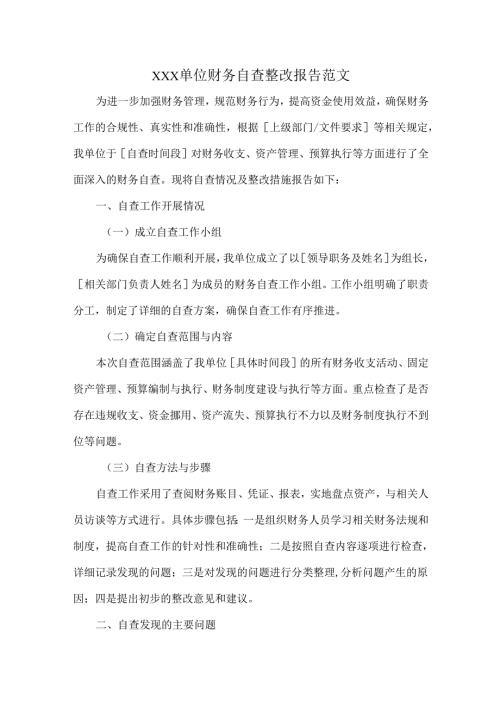 XXX单位财务自查整改报告范文.docx
