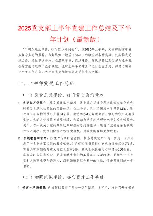 2025党支部上半年党建工作总结及下半年计划（最新版）.docx
