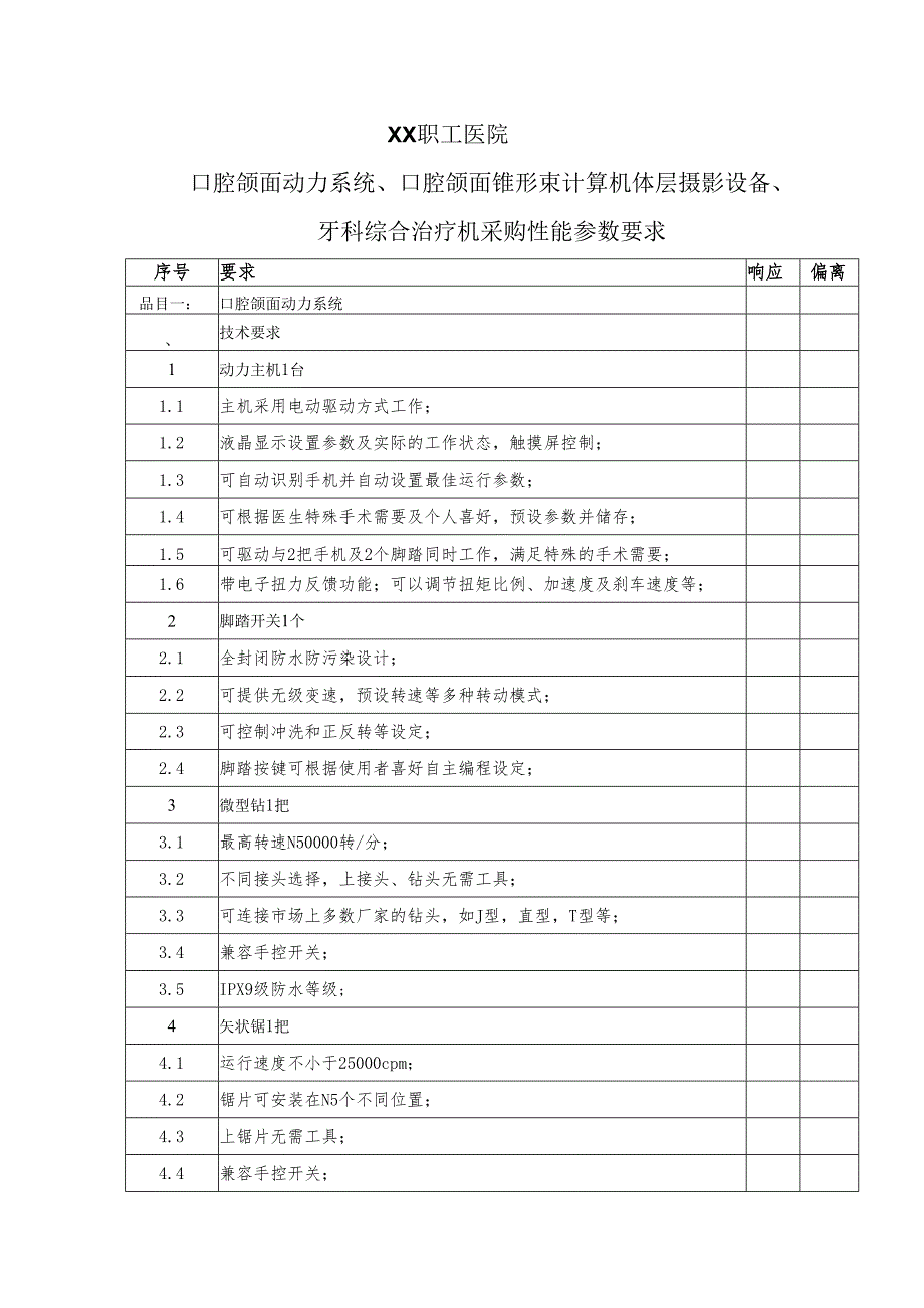 XX职工医院口腔颌面动力系统、口腔颌面锥形束计算机体层摄影设备、牙科综合治疗机采购性能参数要求（2025年）.docx_第1页