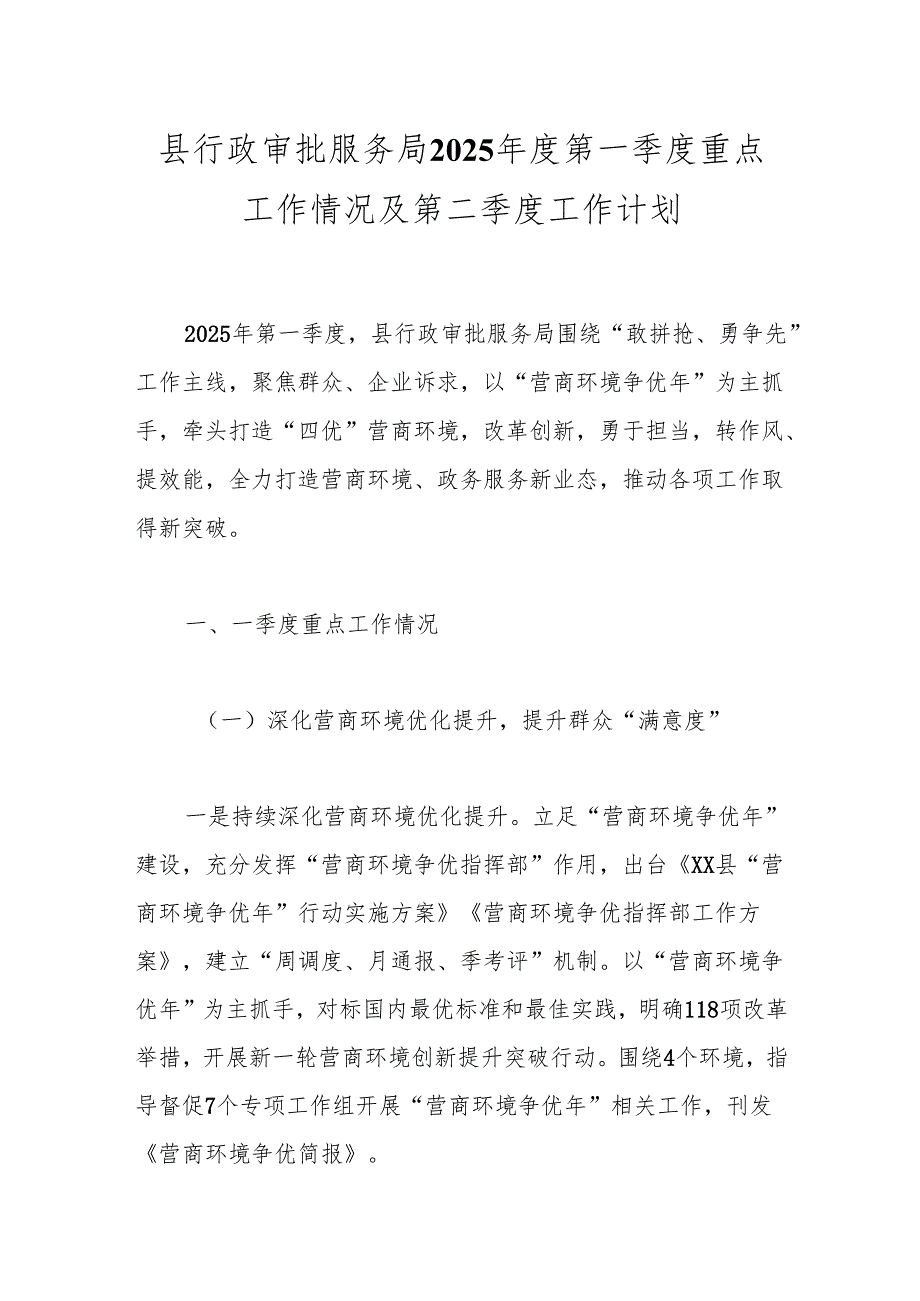 县行政审批服务局2025年度第一季度重点工作情况及第二季度工作计划.docx_第1页