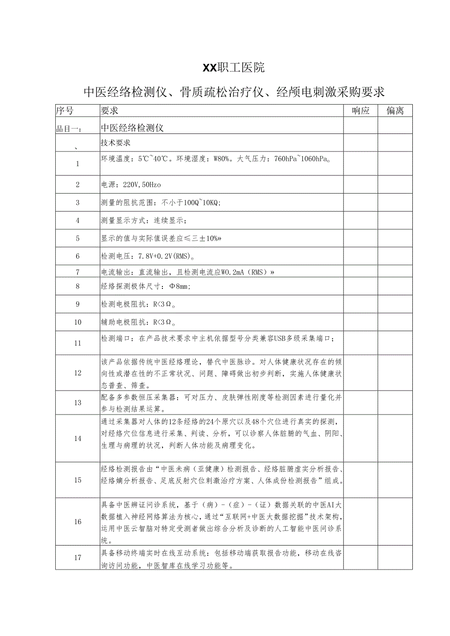 XX职工医院中医经络检测仪、骨质疏松治疗仪、经颅电刺激采购要求（2025年）.docx_第1页