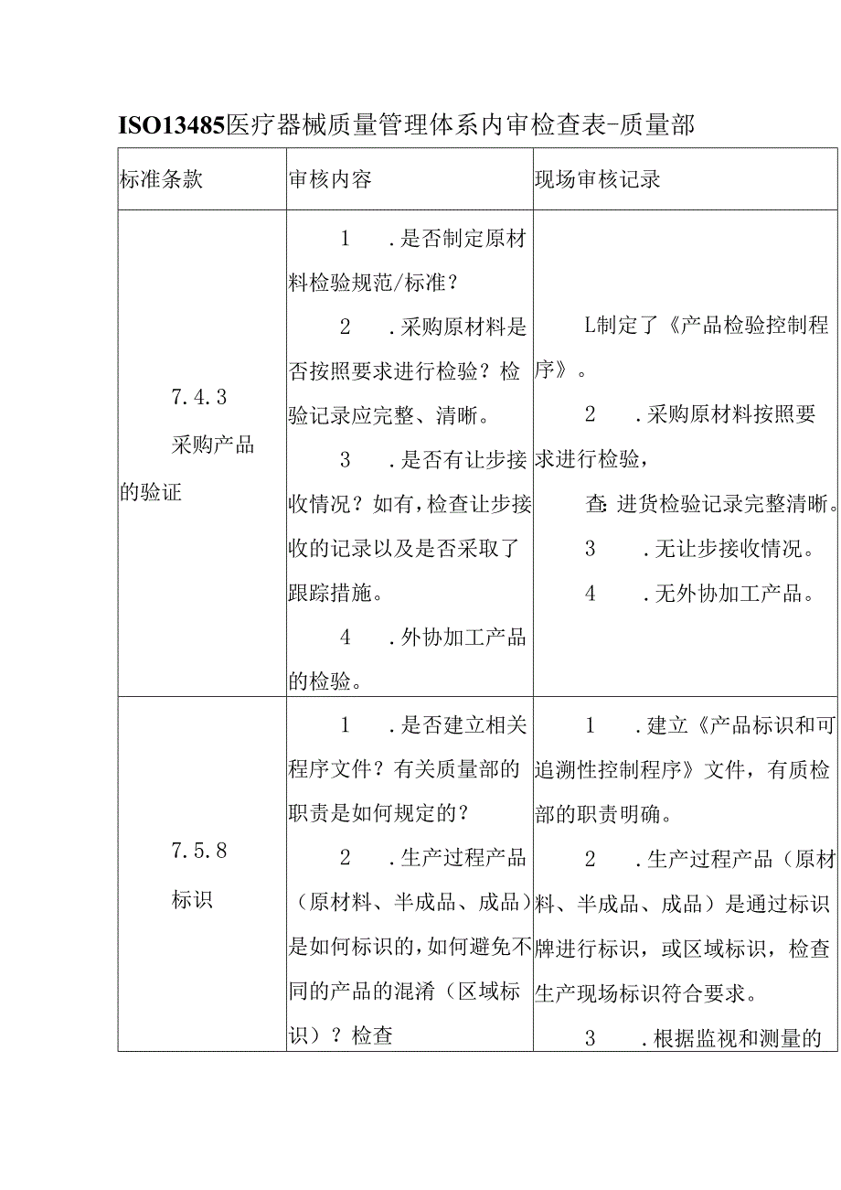 ISO13485医疗器械质量管理体系内审检查表-质量部.docx_第1页