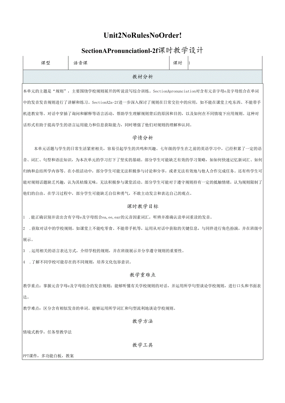 人教版七年级下册Unit 2 No Rules No Order ! Pronunciation 1-2f新课标公开课教学设计.docx_第1页