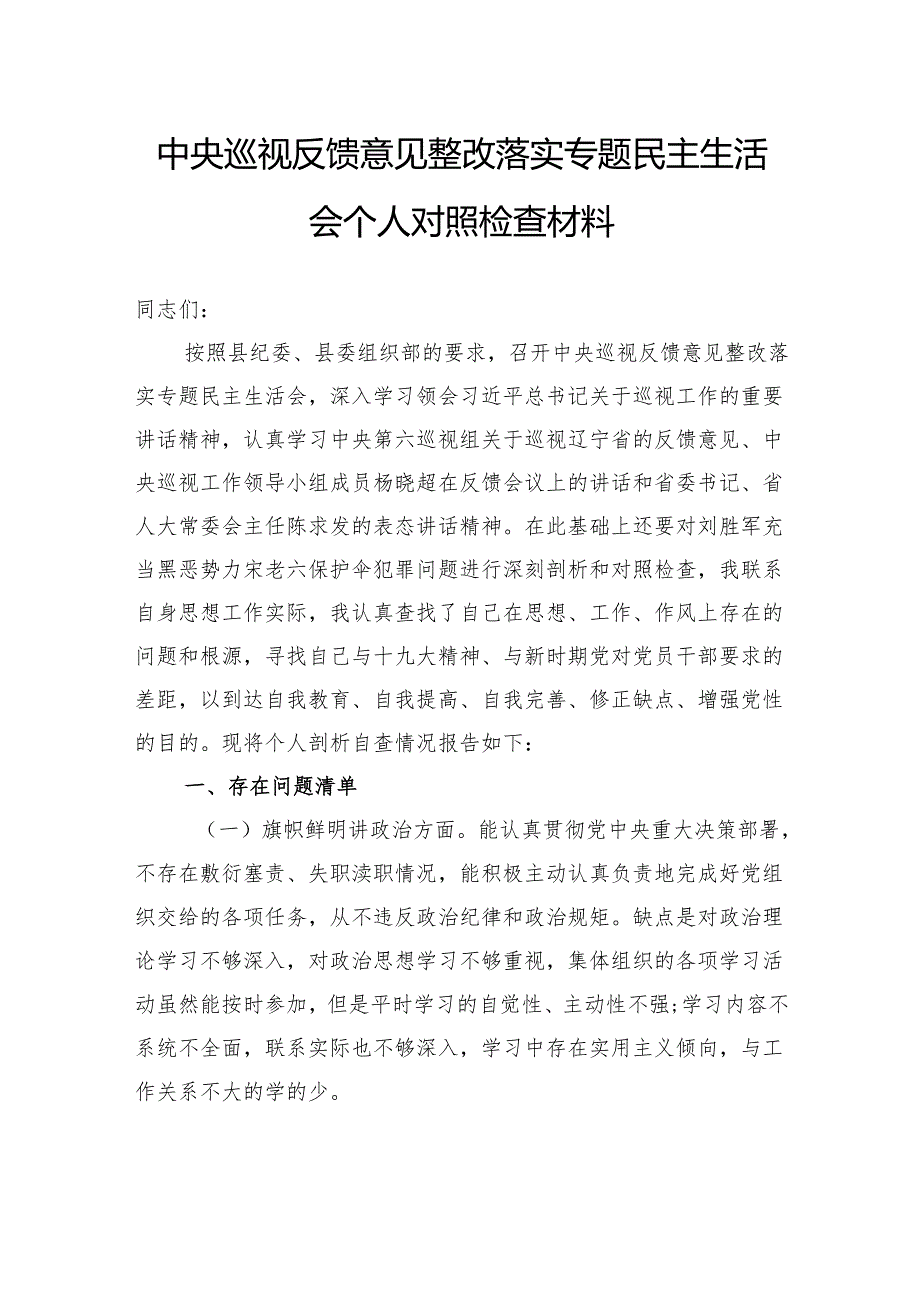 中央巡视反馈意见整改落实专题民主生活会个人对照检查材料.docx_第1页