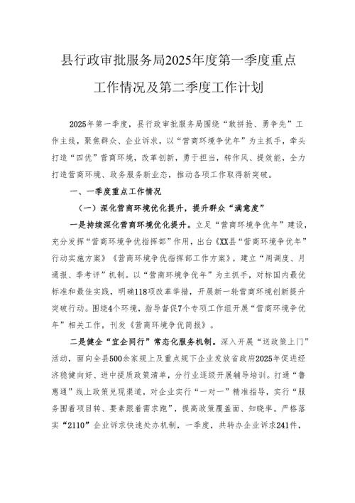 县行政审批服务局2025年度第一季度重点工作情况及第二季度工作计划.docx