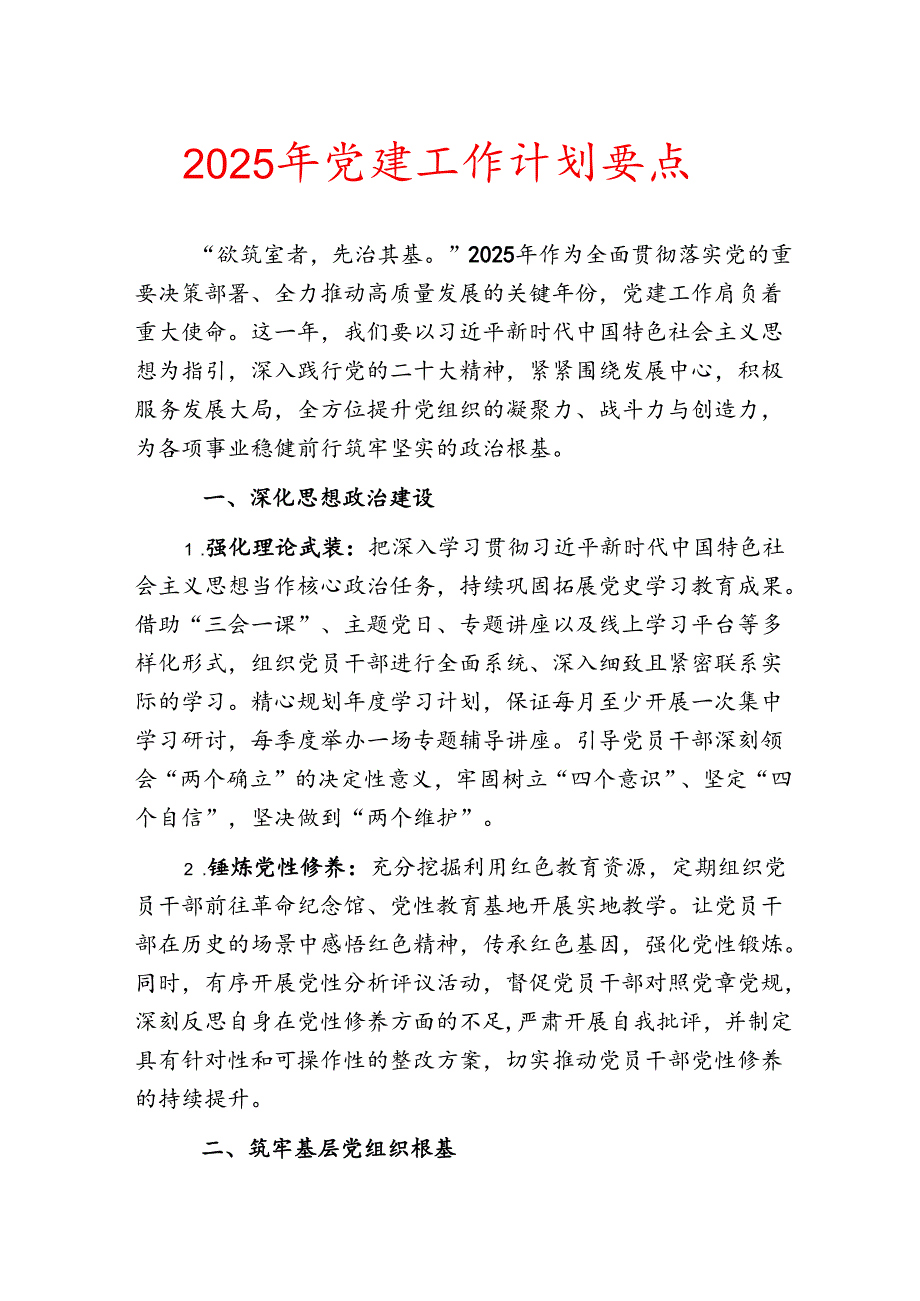 2025 年党建工作计划要点.docx_第1页