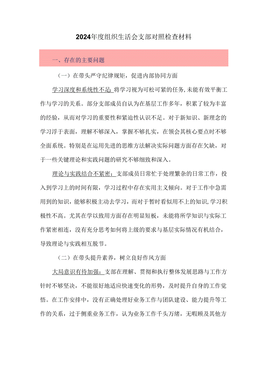 2024年度组织生活会支部对照检查材料.docx_第1页