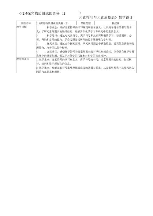 2025浙教版科学七年级下册2.4 探究物质组成的奥秘教学设计（表格式）.docx