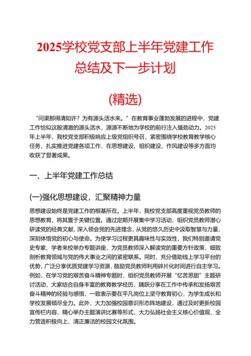 2025 学校党支部上半年党建工作总结及下一步计划（精选）.docx